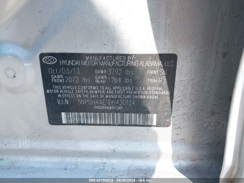 5NPDH4AE1DH430124 2013 Hyundai Elantra Limited