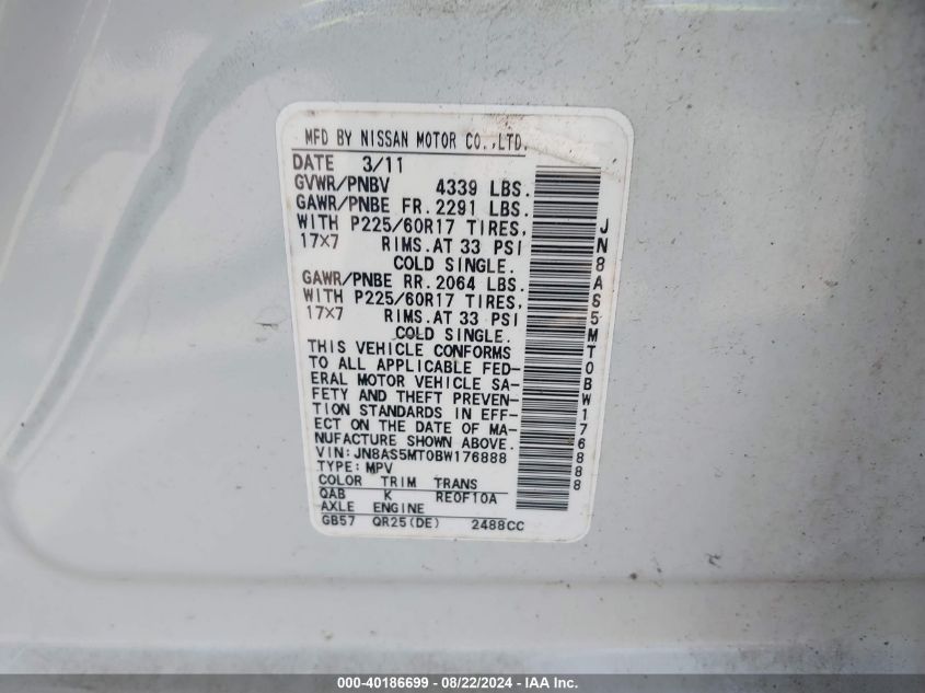 2011 Nissan Rogue Sv VIN: JN8AS5MT0BW176888 Lot: 40186699