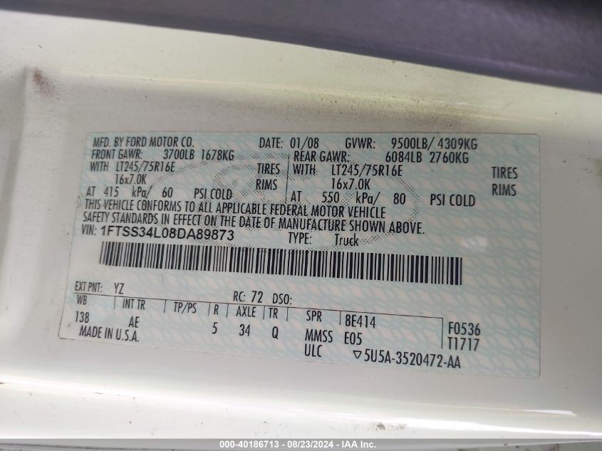 2008 Ford E-350 Super Duty Commercial/Recreational VIN: 1FTSS34L08DA89873 Lot: 40186713