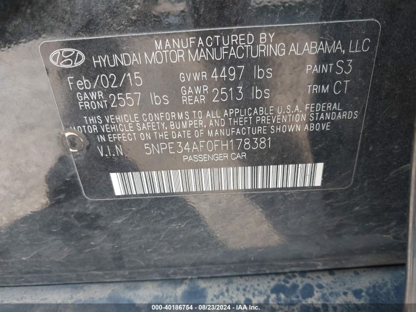 2015 Hyundai Sonata Limited VIN: 5NPE34AF0FH178381 Lot: 40186754