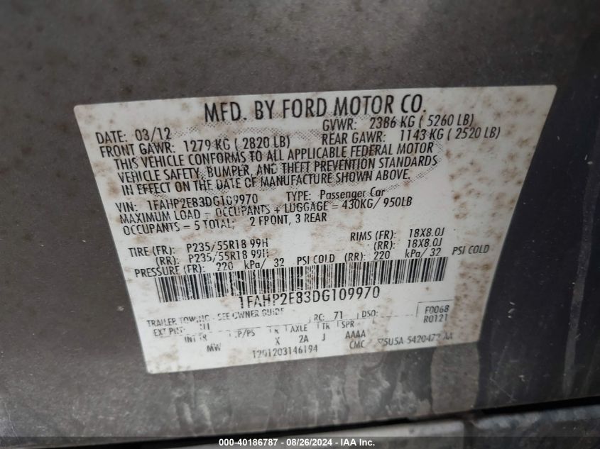 2013 Ford Taurus Sel VIN: 1FAHP2E83DG109970 Lot: 40186787