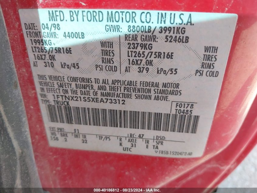 1999 Ford F-250 Lariat/Xl/Xlt VIN: 1FTNX21S5XEA73312 Lot: 40186812