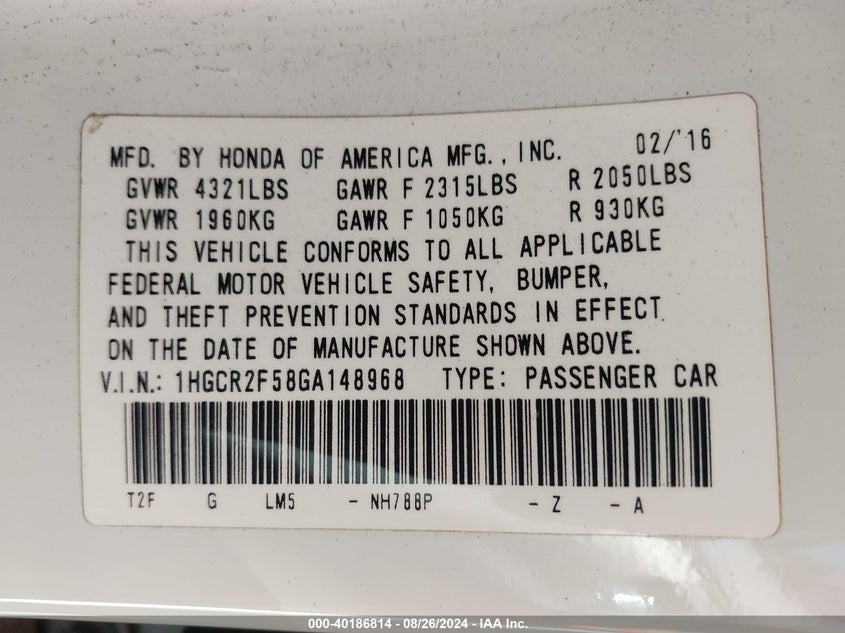 2016 HONDA ACCORD SPORT - 1HGCR2F58GA148968
