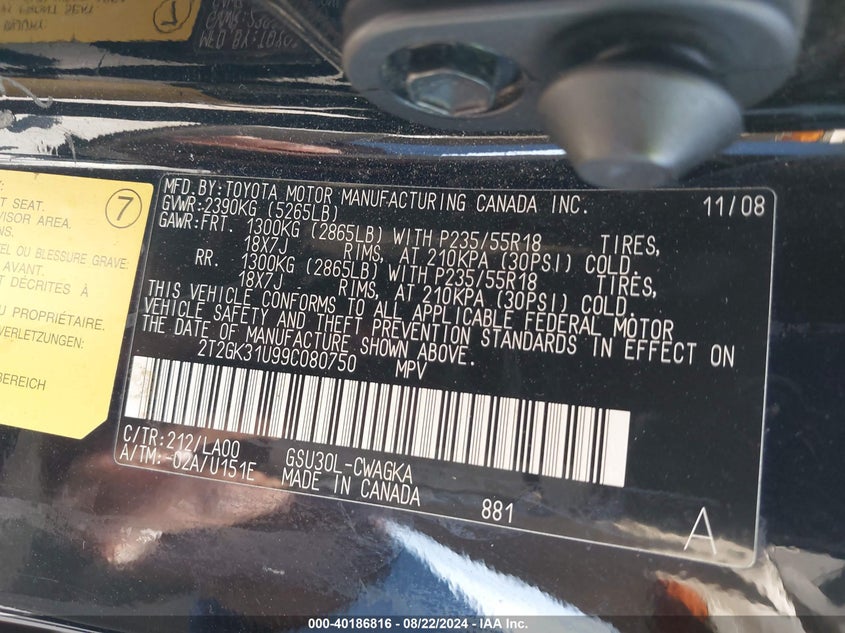 2009 Lexus Rx 350 VIN: 2T2GK31U99C080750 Lot: 40186816