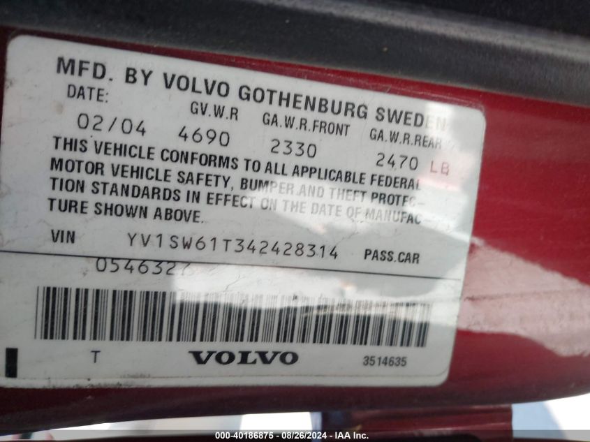 2004 Volvo V70 2.4 VIN: YV1SW61T342428314 Lot: 40186875