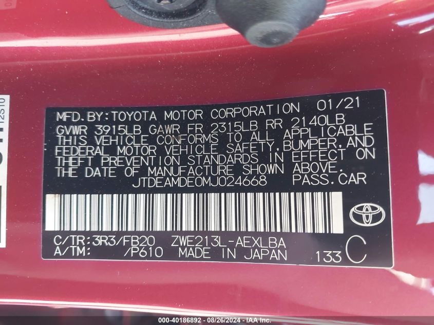 2021 Toyota Corolla Hybrid Le VIN: JTDEAMDE0MJ024668 Lot: 40186892