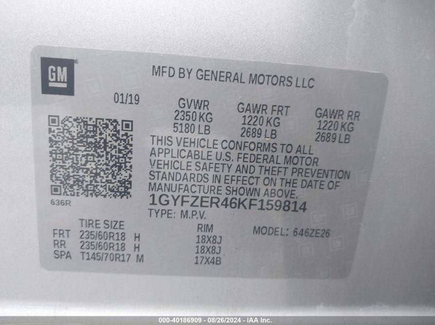 1GYFZER46KF159814 2019 Cadillac Xt4 Sport