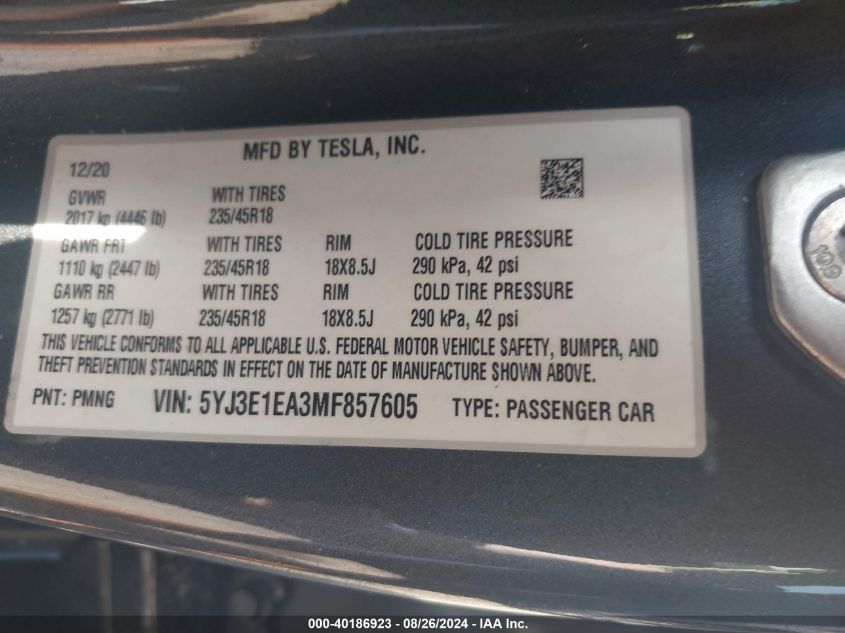 2021 Tesla Model 3 Standard Range Plus Rear-Wheel Drive VIN: 5YJ3E1EA3MF857605 Lot: 40186923