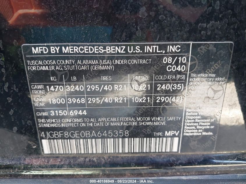 4JGBF8GE0BA645358 2011 Mercedes-Benz Gl 550 4Matic