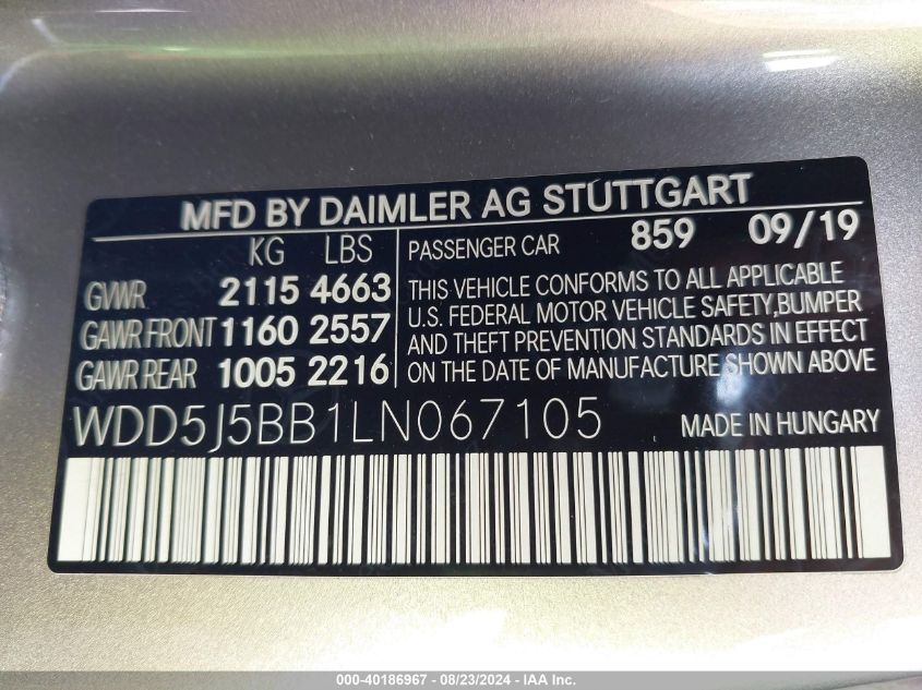 2020 Mercedes-Benz Amg Cla 35 4Matic VIN: WDD5J5BB1LN067105 Lot: 40186967