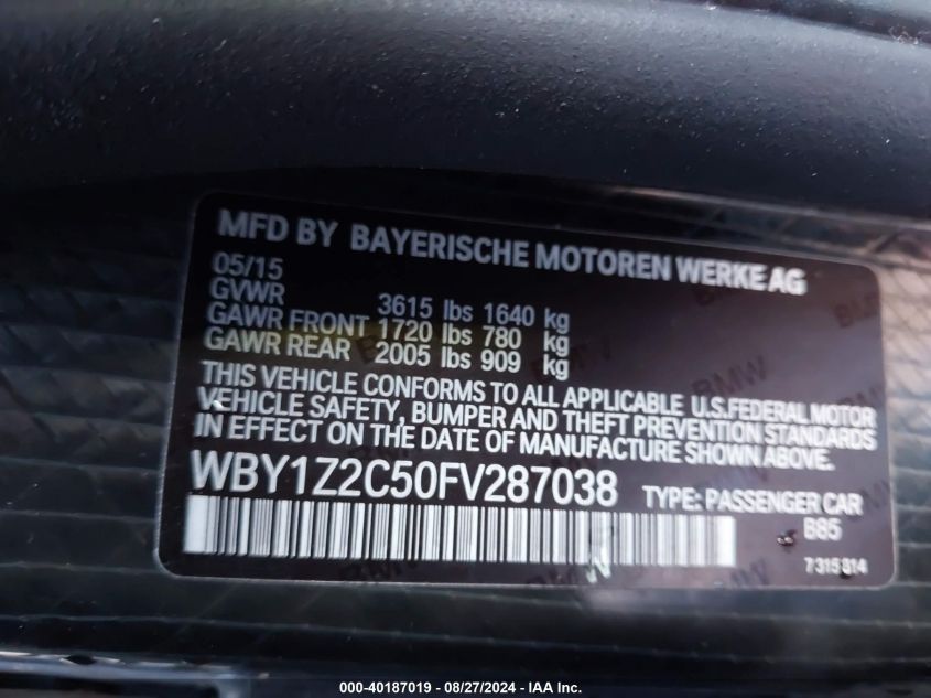 2015 BMW I3 VIN: WBY1Z2C50FV287038 Lot: 40187019