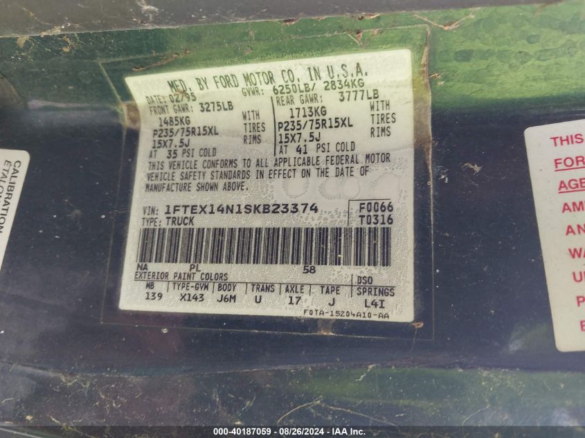 1995 Ford F150 VIN: 1FTEX14N1SKB23374 Lot: 40187059