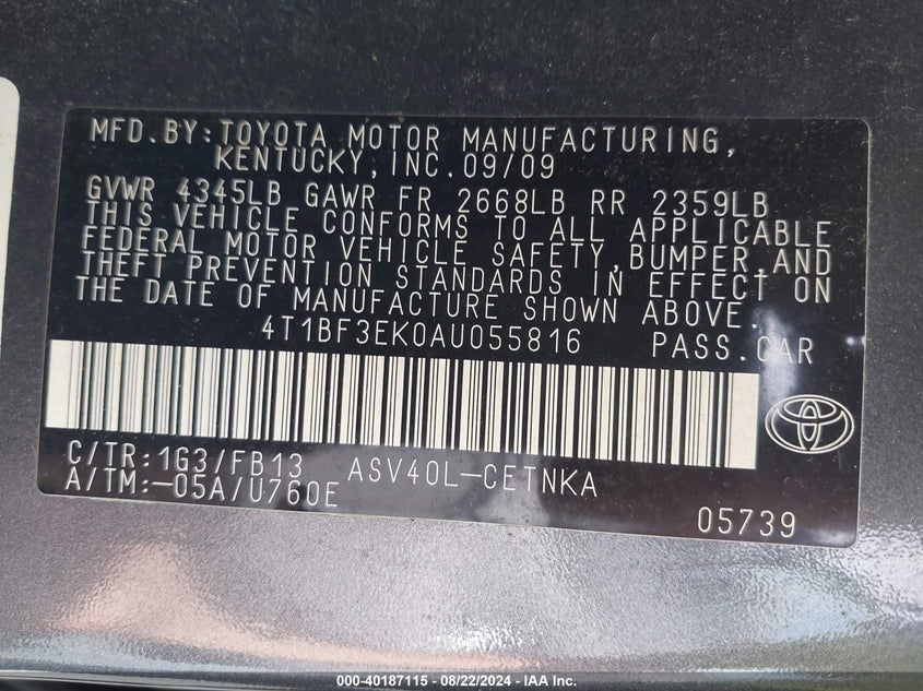 2010 Toyota Camry Le VIN: 4T1BF3EK0AU055816 Lot: 40187115