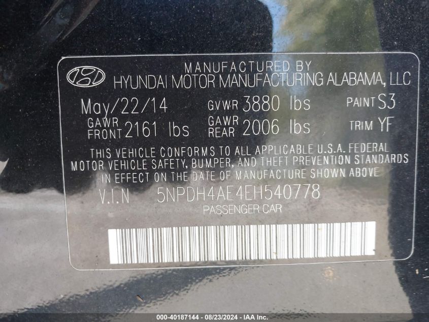 2014 Hyundai Elantra Limited VIN: 5NPDH4AE4EH540778 Lot: 40187144