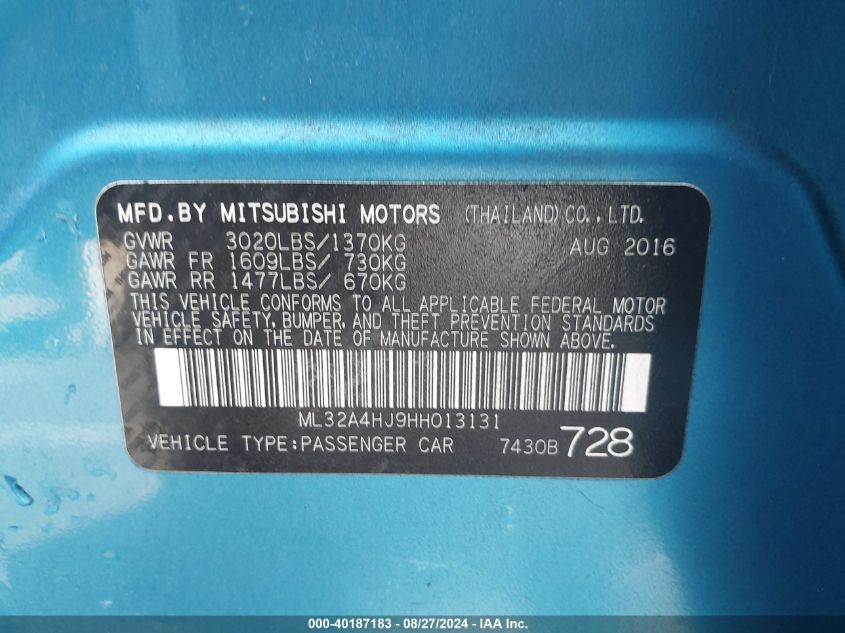 2017 Mitsubishi Mirage Se VIN: ML32A4HJ9HH013131 Lot: 40187183