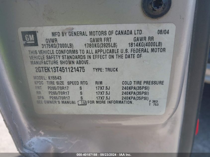 2005 GMC Sierra 1500 Sle VIN: 2GTEK13T451121475 Lot: 40187188