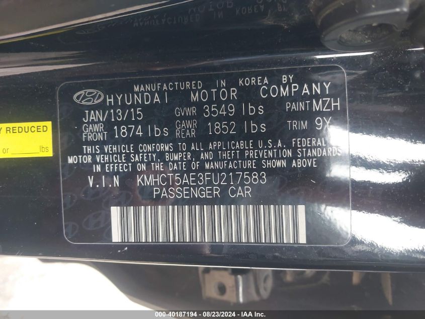 KMHCT5AE3FU217583 2015 Hyundai Accent Gs