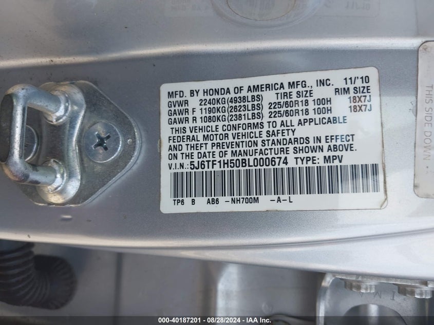 2011 Honda Accord Crosstour Ex-L VIN: 5J6TF1H50BL000674 Lot: 40187201