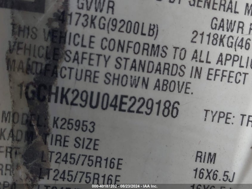 2004 Chevrolet Silverado 2500Hd Work Truck VIN: 1GCHK29U04E229186 Lot: 40187202