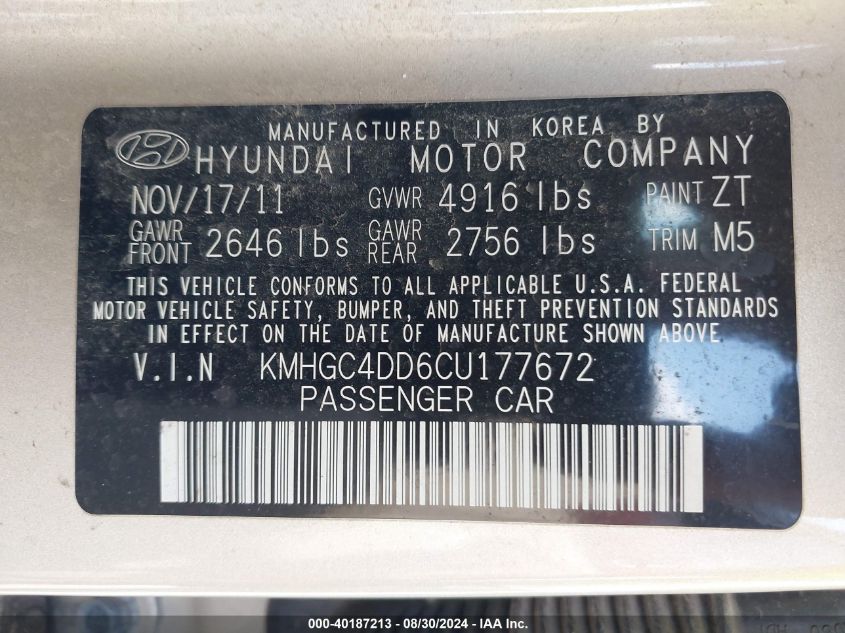 2012 Hyundai Genesis 3.8 VIN: KMHGC4DD6CU177672 Lot: 40187213