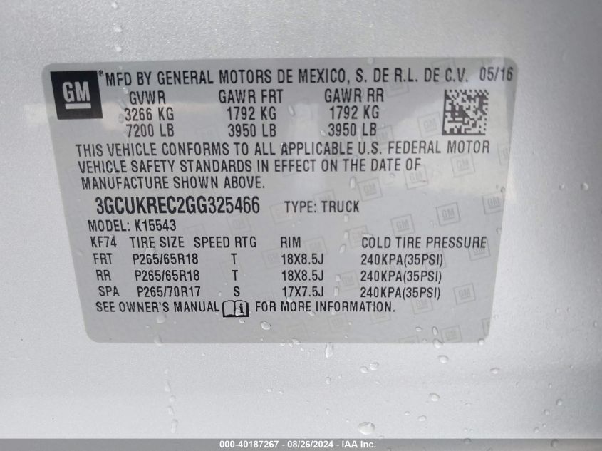 3GCUKREC2GG325466 2016 Chevrolet Silverado 1500 1Lt