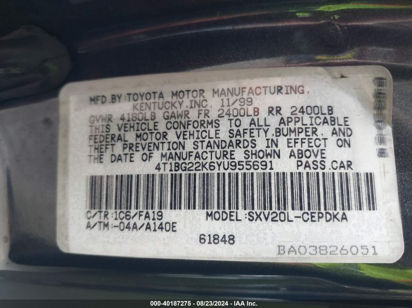 2000 Toyota Camry Ce VIN: 4T1BG22K6YU955691 Lot: 40187275