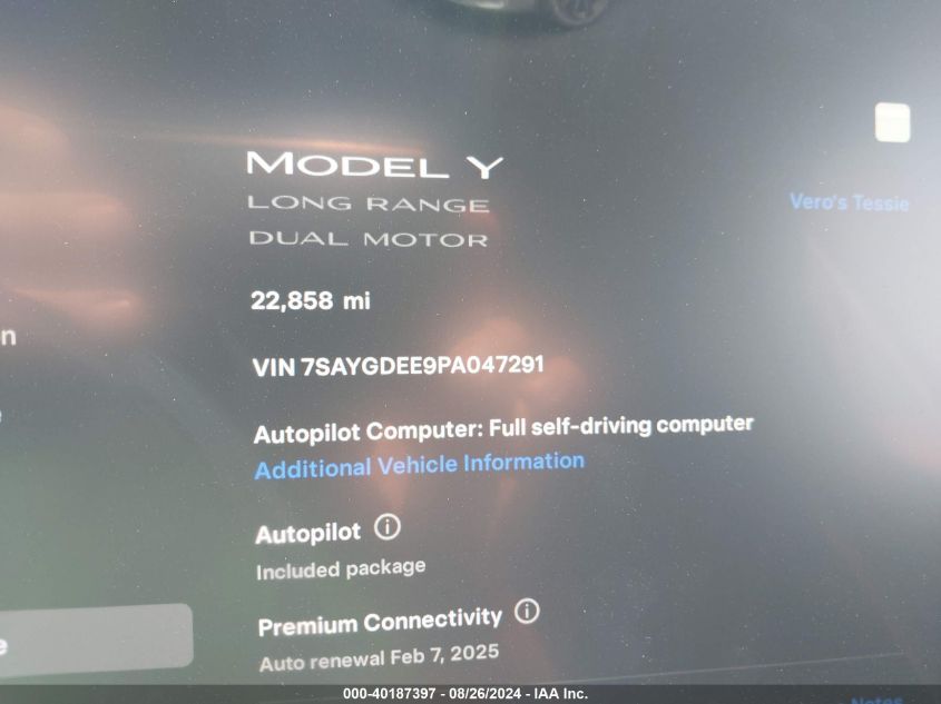 2023 Tesla Model Y Awd/Long Range Dual Motor All-Wheel Drive VIN: 7SAYGDEE9PA047291 Lot: 40187397