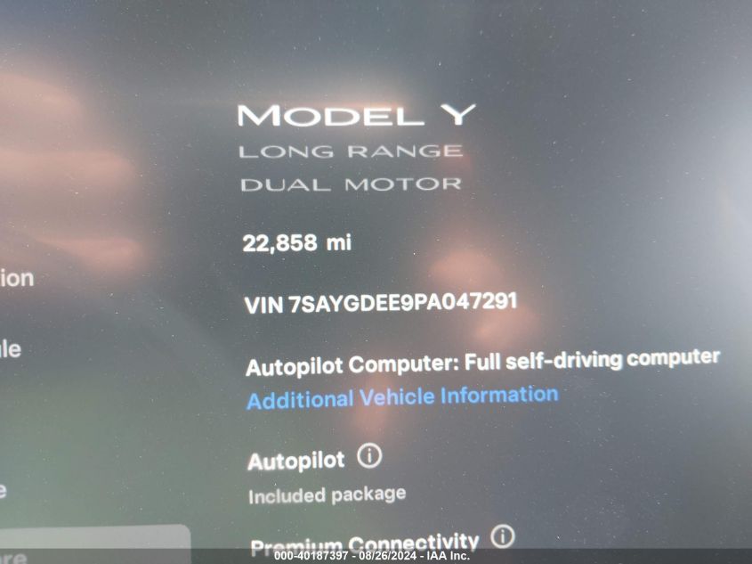 2023 Tesla Model Y Awd/Long Range Dual Motor All-Wheel Drive VIN: 7SAYGDEE9PA047291 Lot: 40187397