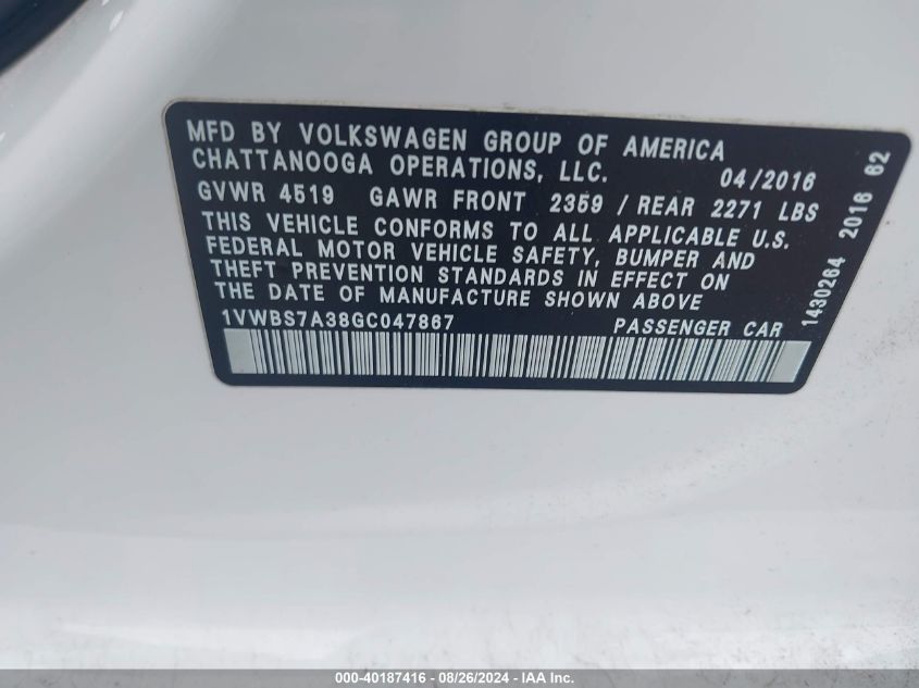 1VWBS7A38GC047867 2016 Volkswagen Passat 1.8T Se