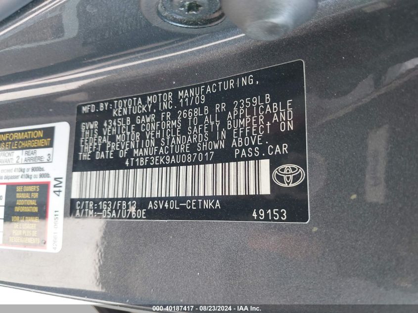 4T1BF3EK9AU087017 2010 Toyota Camry Le