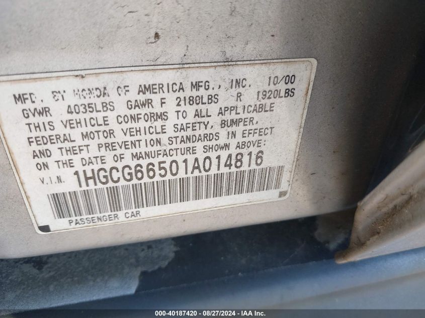 2001 Honda Accord 2.3 Lx VIN: 1HGCG66501A014816 Lot: 40187420