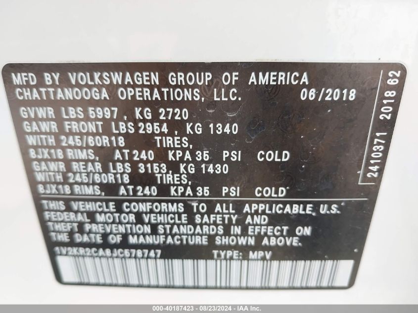 2018 Volkswagen Atlas 3.6L V6 Se VIN: 1V2KR2CA8JC578747 Lot: 40187423