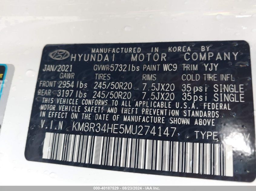 2021 Hyundai Palisade Sel VIN: KM8R34HE5MU274147 Lot: 40187529