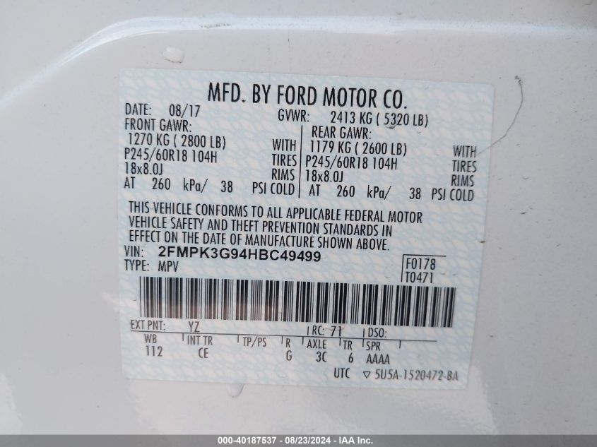 2017 Ford Edge Se VIN: 2FMPK3G94HBC49499 Lot: 40187537