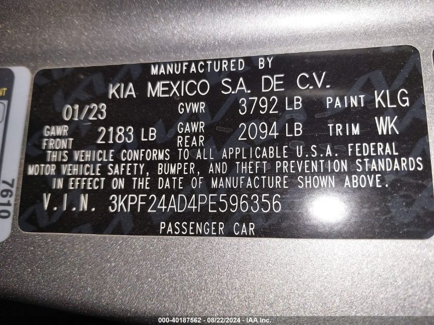 2023 Kia Forte Lxs VIN: 3KPF24AD4PE596356 Lot: 40187562