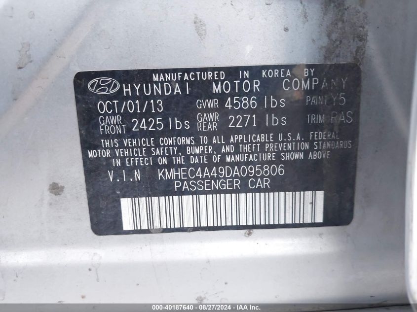 2013 Hyundai Sonata Hybrid VIN: KMHEC4A49DA095806 Lot: 40187640