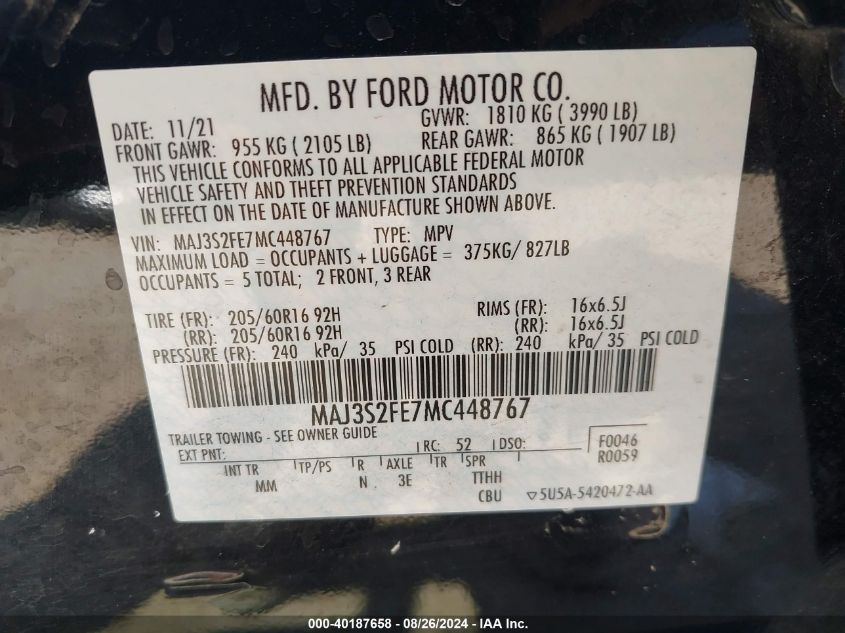 2021 Ford Ecosport S VIN: MAJ3S2FE7MC448767 Lot: 40187658