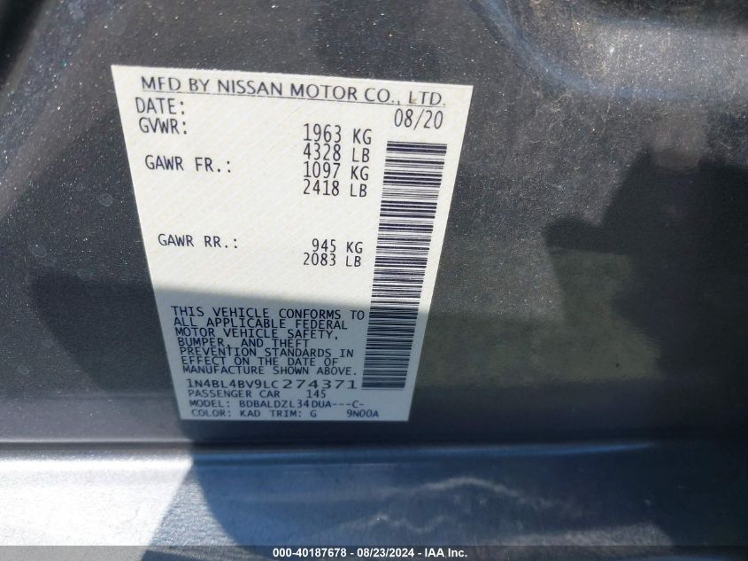 2020 Nissan Altima S Fwd VIN: 1N4BL4BV9LC274371 Lot: 40187678