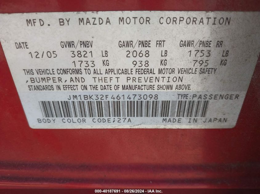 2006 Mazda Mazda3 I VIN: JM1BK32F461473098 Lot: 40187691