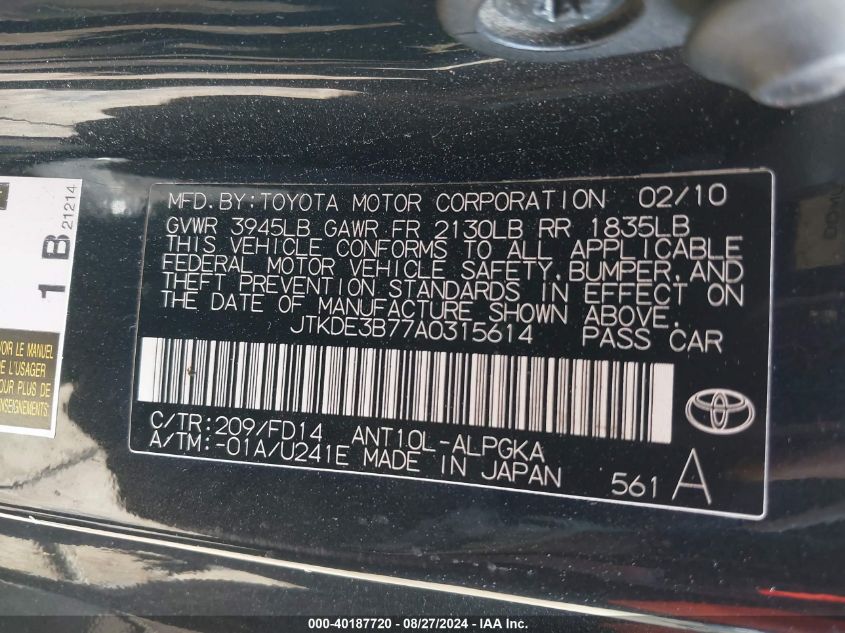 2010 Scion Tc VIN: JTKDE3B77A0315614 Lot: 40187720