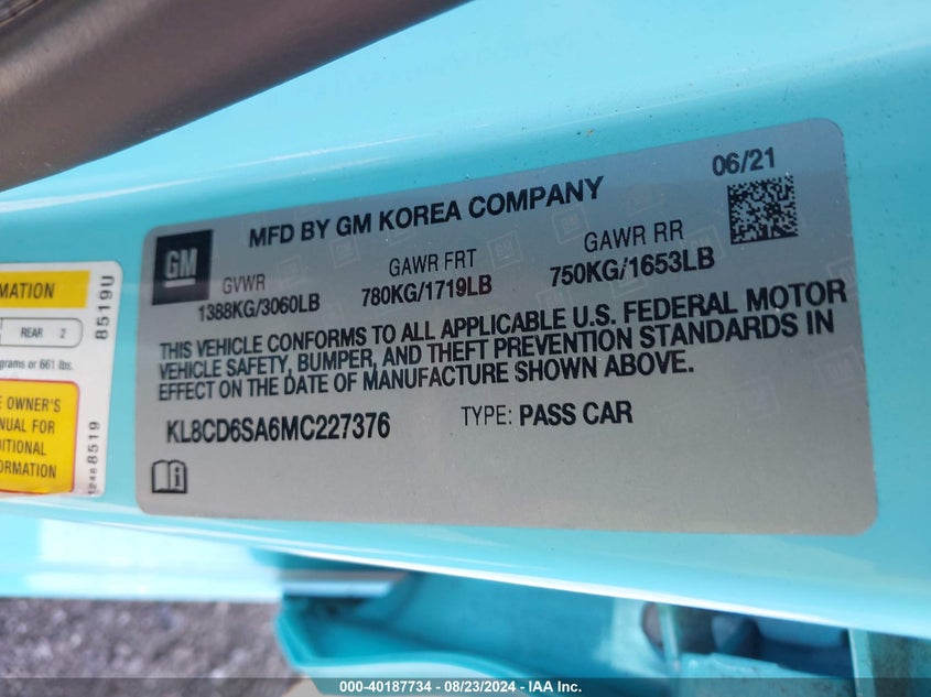 KL8CD6SA6MC227376 2021 Chevrolet Spark Fwd 1Lt Automatic