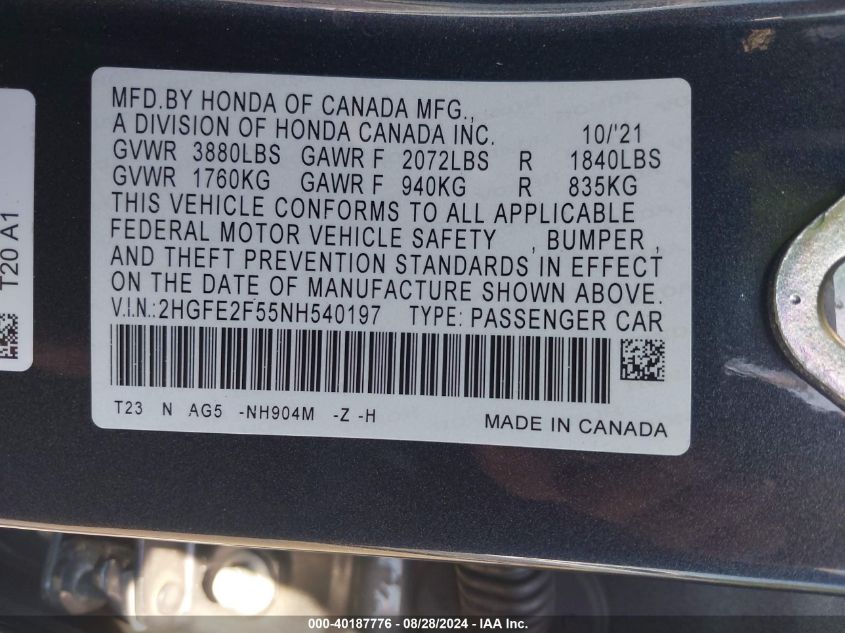 2022 Honda Civic Sport VIN: 2HGFE2F55NH540197 Lot: 40187776