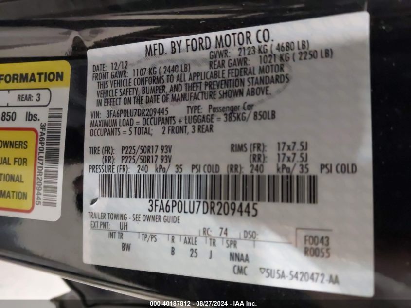 2013 FORD FUSION HYBRID SE - 3FA6P0LU7DR209445