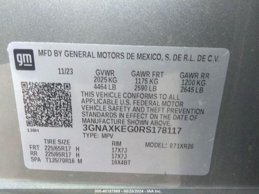 2024 Chevrolet Equinox Fwd Lt VIN: 3GNAXKEG0RS178117 Lot: 40187869