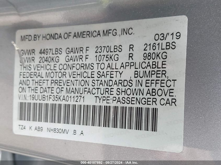 19UUB1F35KA011271 2019 Acura Tlx Standard