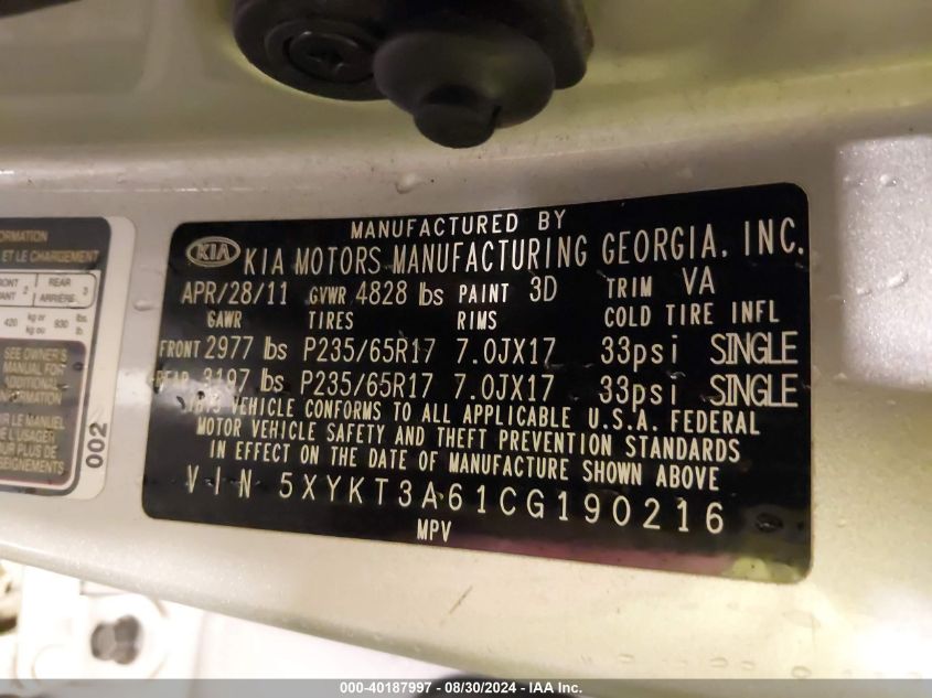 5XYKT3A61CG190216 2012 Kia Sorento Lx