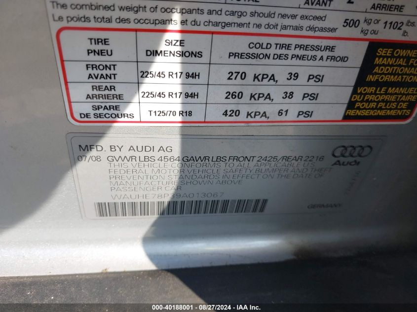 WAUHE78P39A013067 2009 Audi A3 2.0T