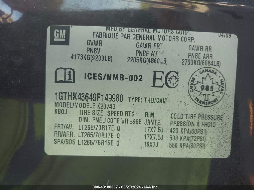 2009 GMC Sierra 2500Hd Sle/Work Truck VIN: 1GTHK43649F149980 Lot: 40188067