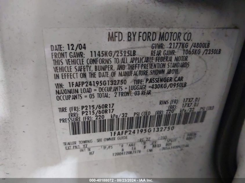 1FAFP24195G132750 2005 Ford Five Hundred Sel