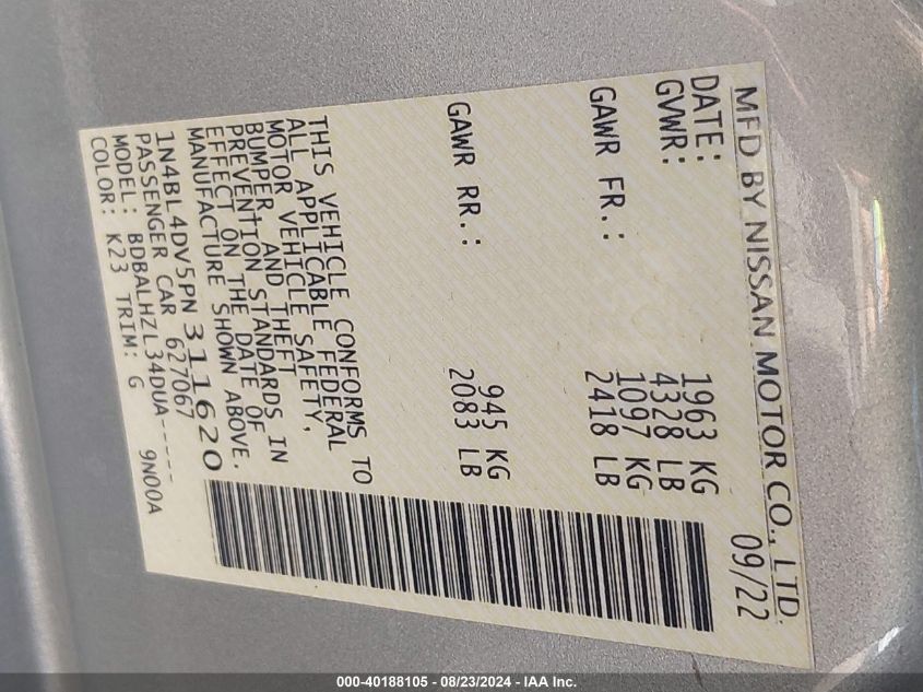 2023 Nissan Altima Sv Fwd VIN: 1N4BL4DV5PN311620 Lot: 40188105